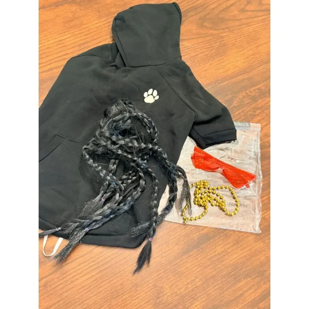 Snoop Dogg Inspired Pet Dog Costume Set Hoodie Braids Glasses Size Large